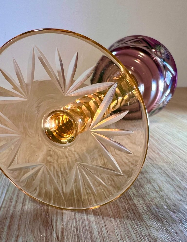 Antique uranium glass Römer with aubergine cut to vaseline bowl and rosalin beaded stem, c. 1900