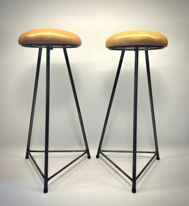 Pair of Vintage Industrial Stools – Cognac Leather, Germany, ca. 1950–70