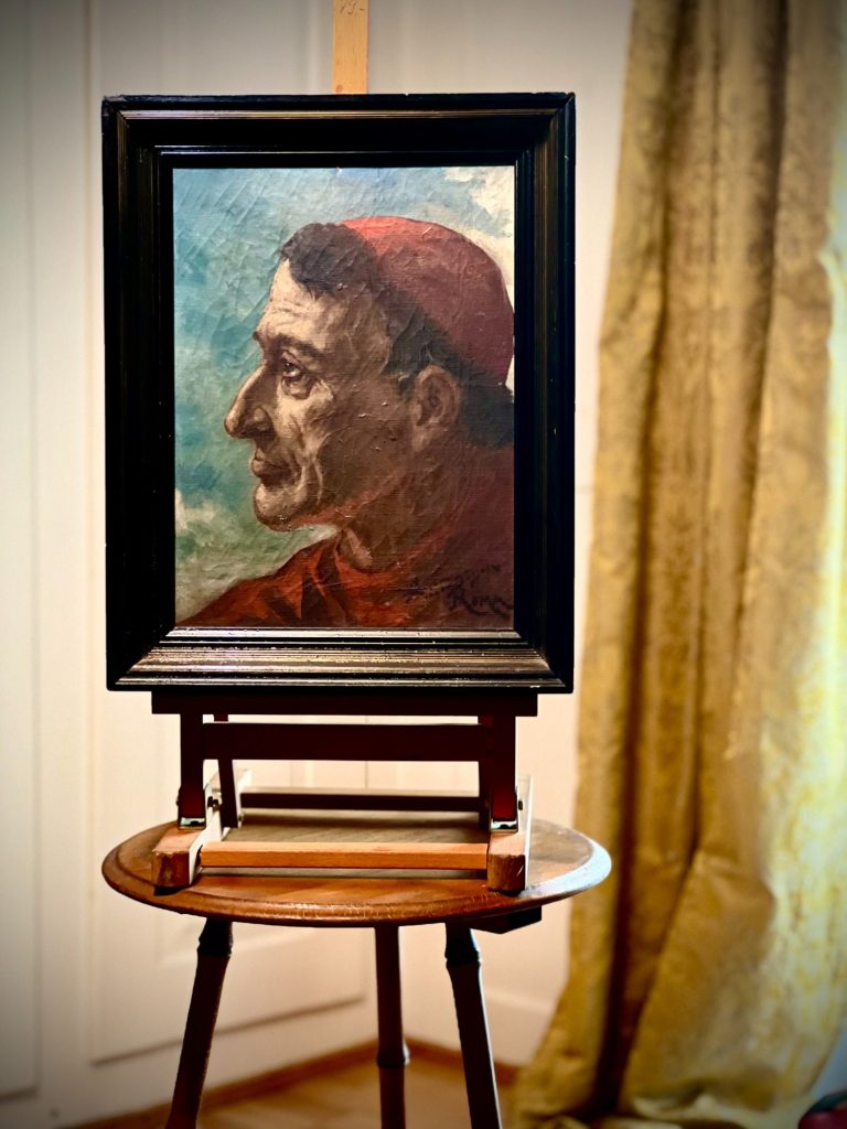 Oil painting of a Catholic cardinal in red robes by Jacques van den Bussche, signed “Roma”, mid-20th century work in wooden frame