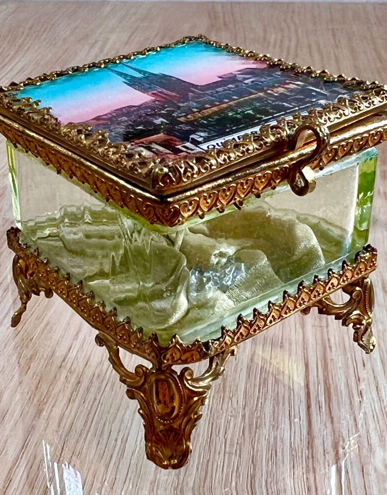Antique French trinket box with hand-colored cathedral image and vaseline glass sides on brass feet