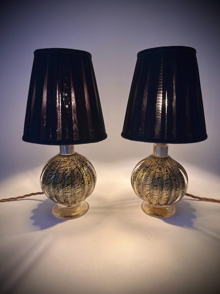 Murano Black‑and‑Gold Sommerso Lamps with Rigadin Ribbing, 1950s–70s