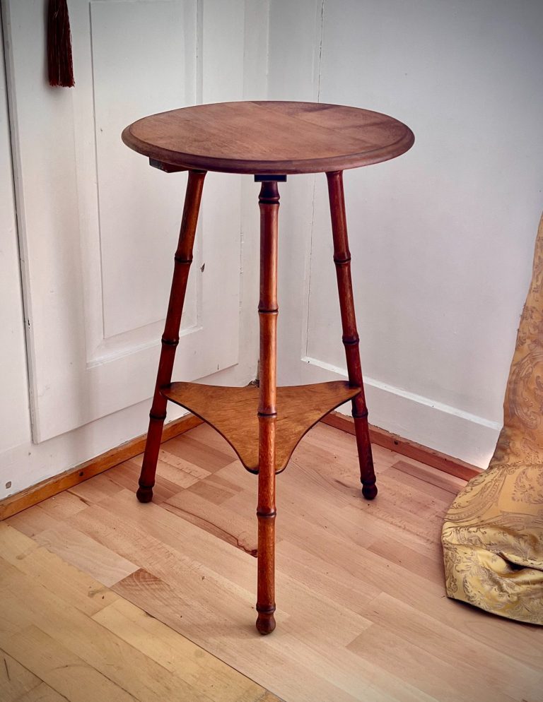 Victorian faux bamboo walnut side table with tripod base and turned legs, c. 1880s