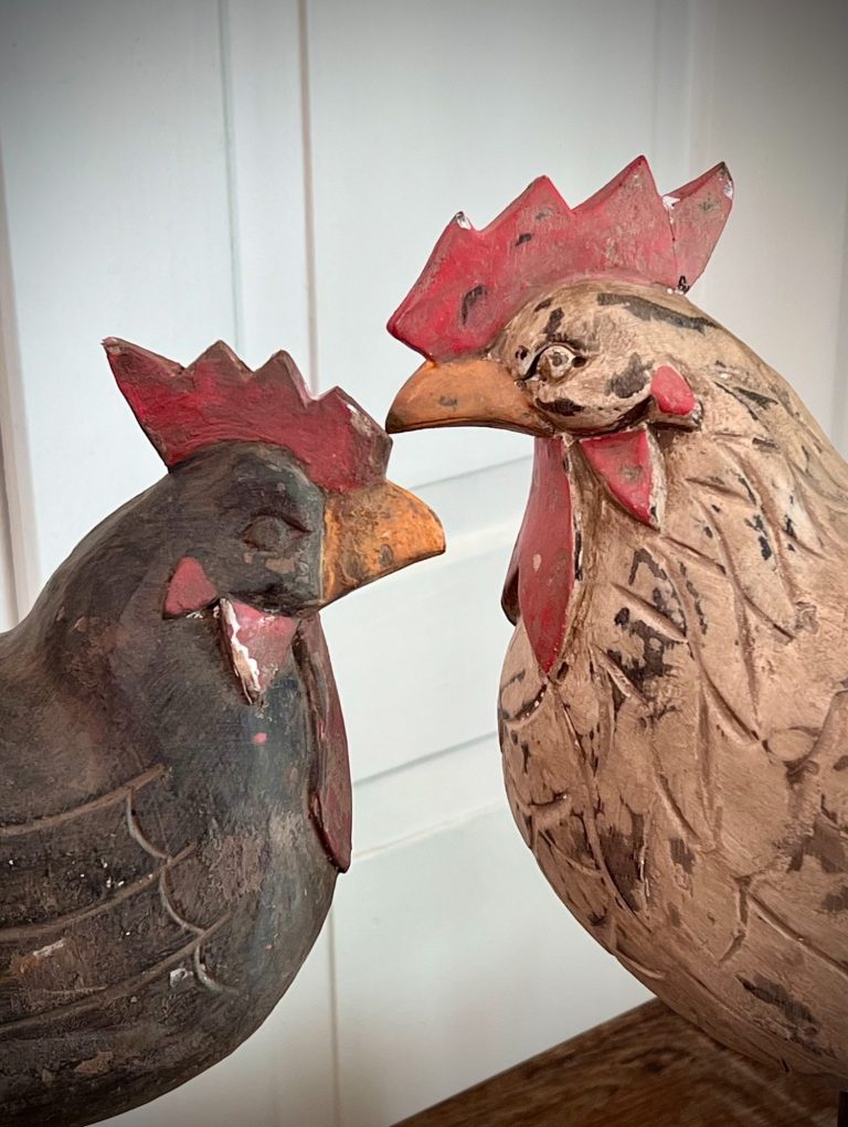 Vintage carved rooster (coq en bois sculpté) and hen in painted wood. Mounted on metal bases, likely French folk art. 49 & 52 cm tall.