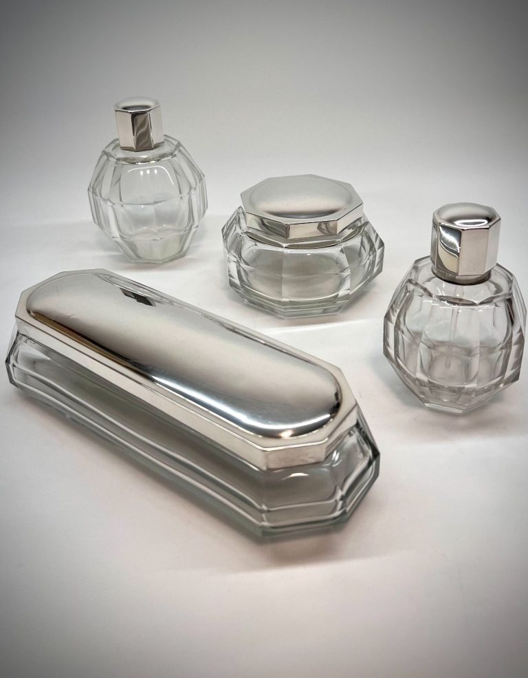 Art Deco vanity set with faceted crystal and silver lids by Wolfers Frères and Val Saint Lambert, ca. 1920
