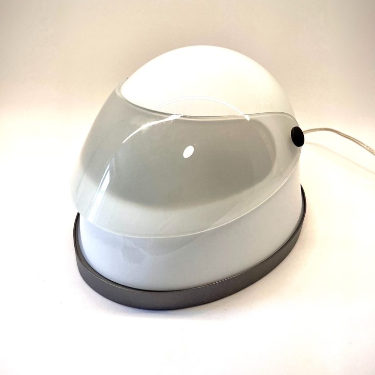 Glass helmet-shaped desk lamp with adjustable visor – Gamma3 lighting prototype
