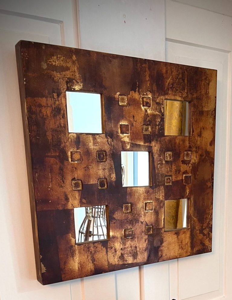 Artisan-crafted square wall mirror with nine inset panels in a gold leaf geometric frame, raised texture, Central Europe, late 20th century