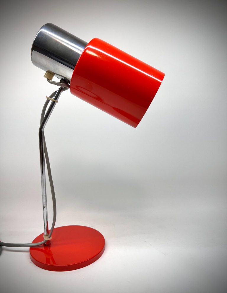 Red and chrome desk lamp designed by Josef Hůrka for Napako, Czechoslovakia, 1960s–1970s. Adjustable shade, lacquered base