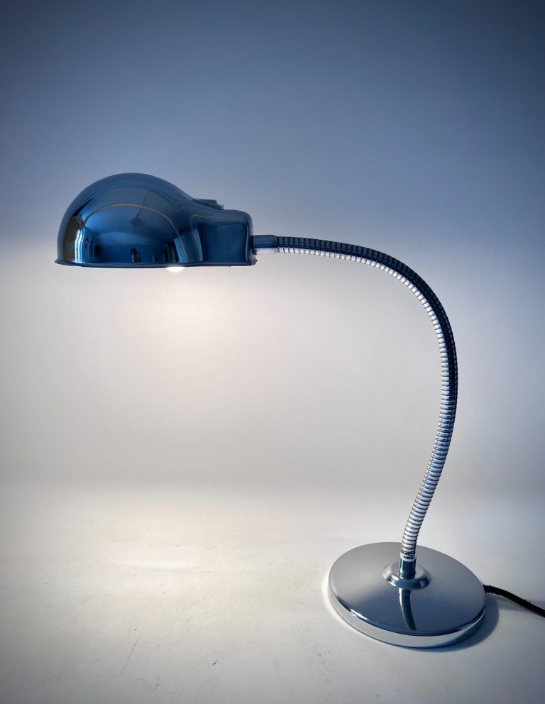 Vintage Italian chrome lamp, 1970s, attributed to Reggiani. Adjustable gooseneck, heavy base, dome shade. Rare industrial/Space Age hybrid 