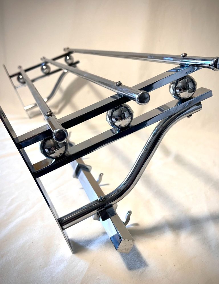 Art Deco chrome wall-mounted coat rack with spherical accents and integrated hooks, 1930s