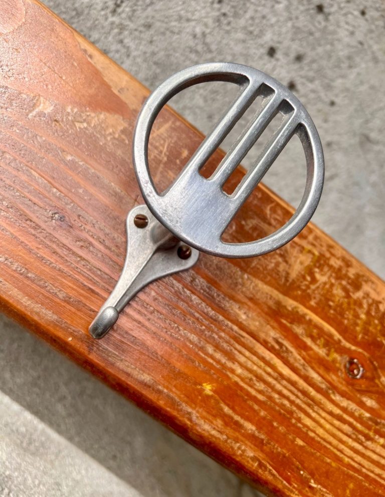 Pair of vintage 200 cm wooden coat racks with aluminum round hooks, likely school or industrial use, mid-century European design.