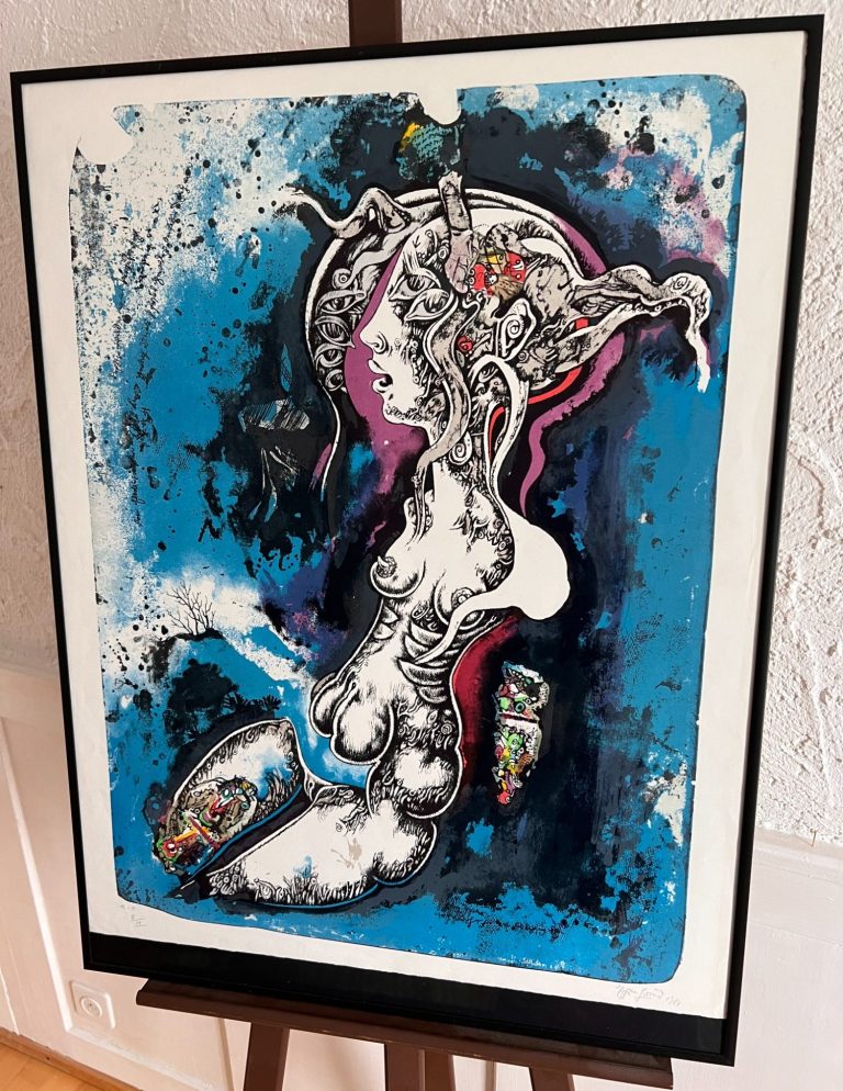 Rare artist’s proof (E.A. II/IX) from 1981. Hand-signed offset print with surreal detail, UV-protected and framed.