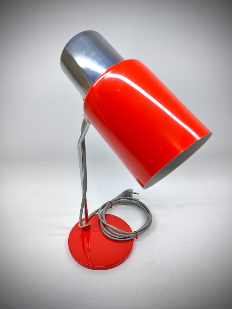 Red and chrome desk lamp designed by Josef Hůrka for Napako, Czechoslovakia, 1960s–1970s. Adjustable shade, lacquered base