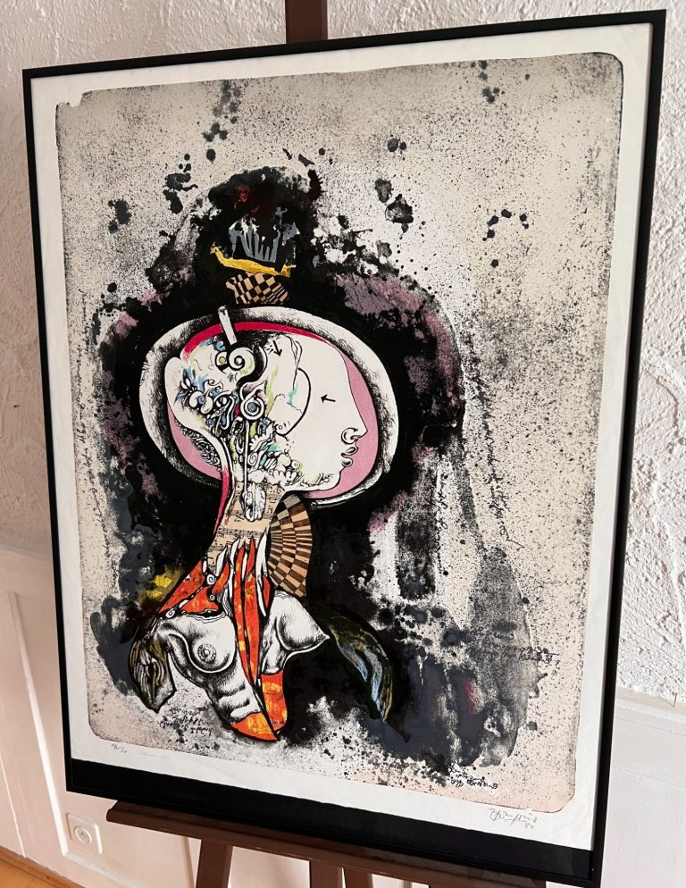 Abstract offset print with geometric and gestural forms in muted tones, hand-signed and numbered 17/30, dated 1980
