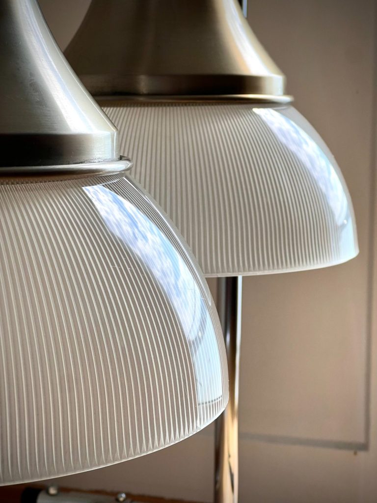 Pair of Italian pendant lamps, Sergio Mazza Artemide, 1960s, Mid-Century Modern, brushed metal and ribbed glass