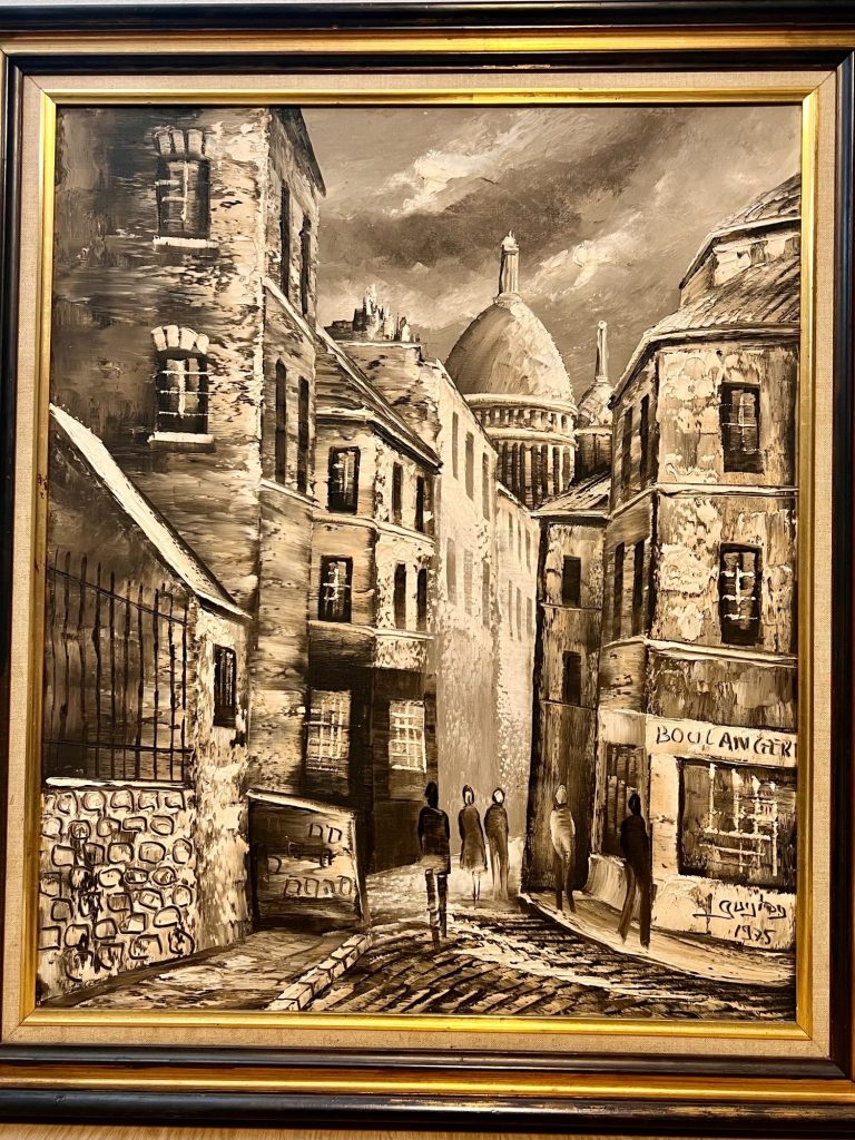 Vintage oil painting of Montmartre with Sacré-Cœur, sepia tones, boulangerie, and Parisian street life, signed 1975